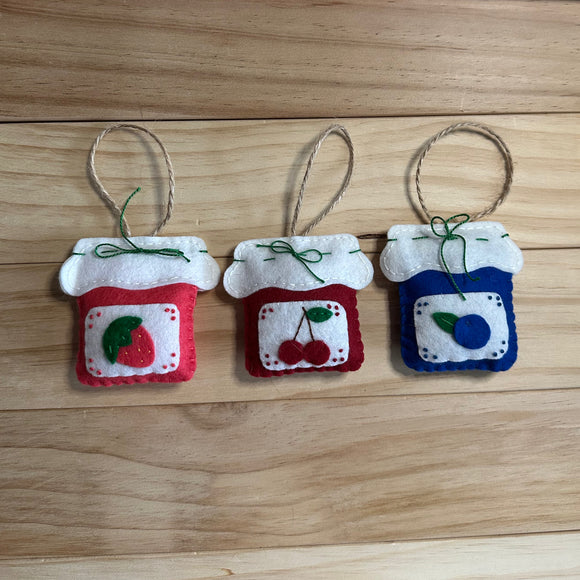 Set of three jam jar ornaments. Strawberry, Cherry and Blueberry wool ornaments.