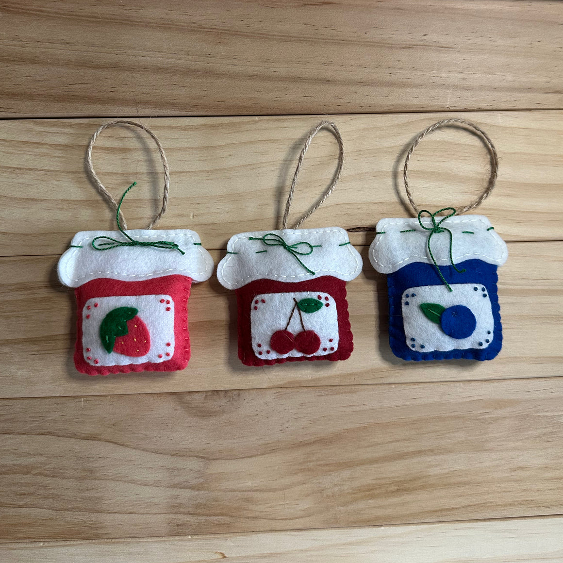 Set of three jam jar ornaments. Strawberry, Cherry and Blueberry wool ornaments.